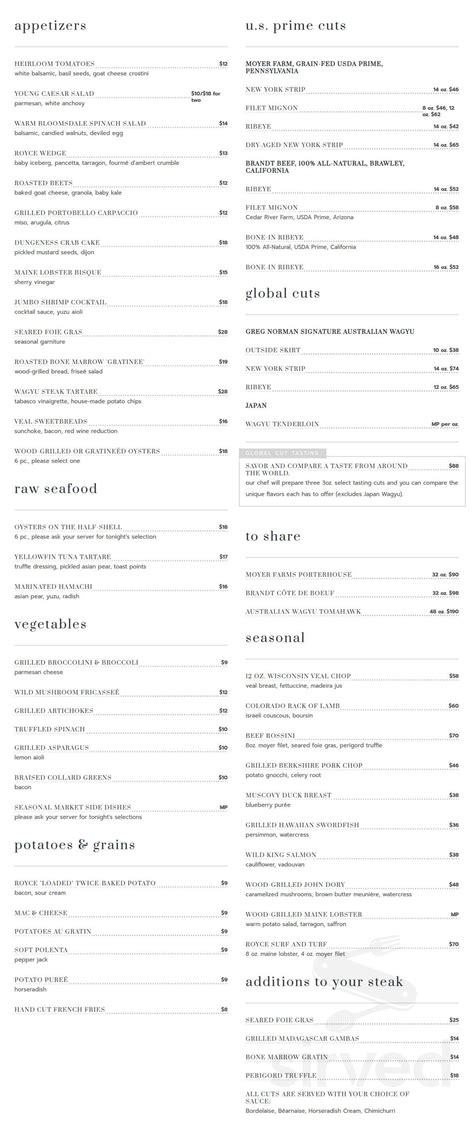 Menu - Pasadena CA's The Royce Wood Fired Steakhouse | Sirved