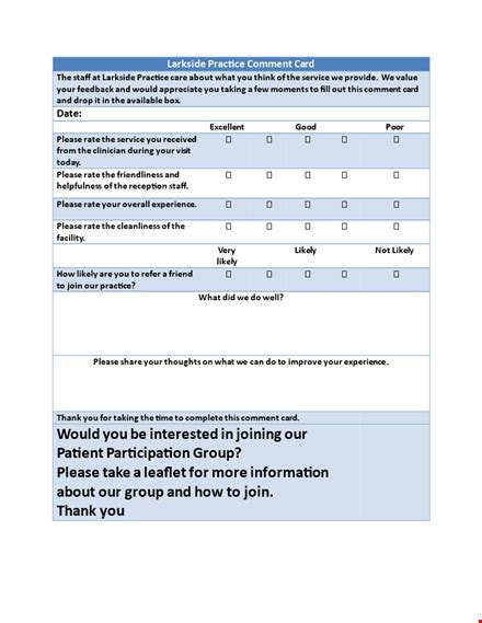 Image result for Primary Program Comment Card Template