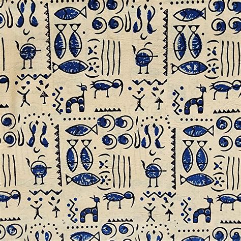 Pure Cotton Gamthi Cream With Blue Warli Design Hand Block Print Fabri ...