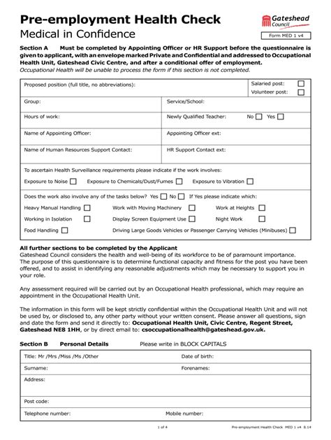 Pre-Employment Health Check Form - Blank Fillable Template | Fill Out ...