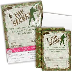 Top Secret Camouflage Army Soldier Birthday Party Invitations, 20 5"x7 ...