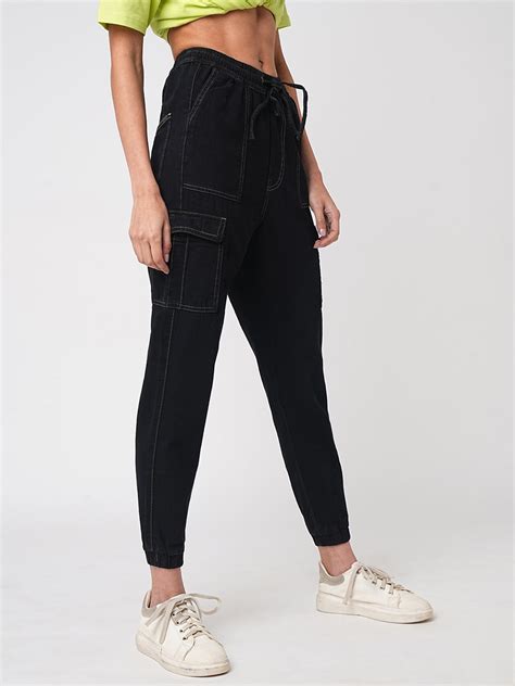 Buy Women Black Mid-Rise Cargo Jogger | Kraus Jeans