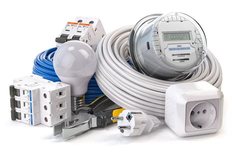 Electrical component and equipment circuit breaker electric meter cables light bulb isolated on ...