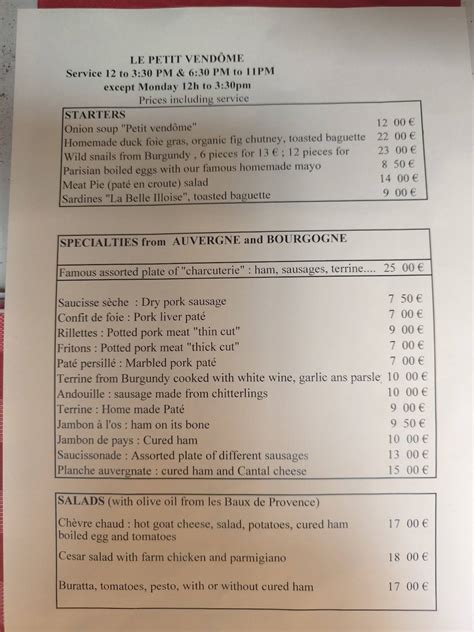Menu at Le Petit Vendôme restaurant, Paris, 8 Rue des Capucines