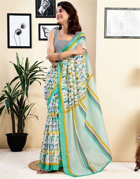Ready To Wear White Pure Cotton Printed Saree With Pocket – Sudathi
