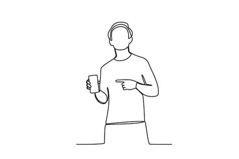 Un dessin au trait continu d'un jeune homme montrant son téléphone ...