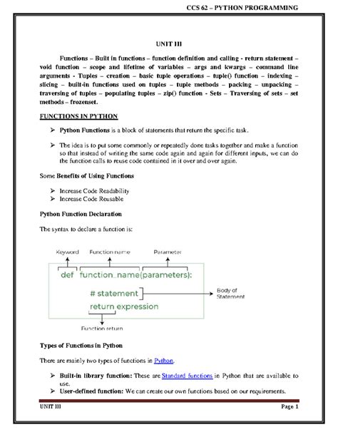 CCS 62 PYTHON PROGRAMMING UNIT Functions, Tuples, Sets, and Command ...