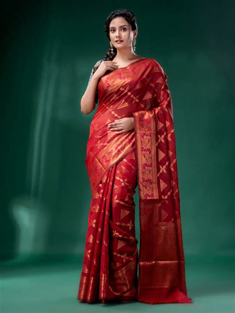 Red Cotton Silk Saree With Woven Design – Charukriti