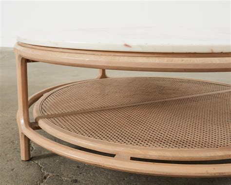 Midcentury McGuire Style Round Marble Top Caned Cocktail Table For Sale ...