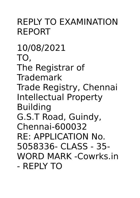 Reply TO Examination Report - REPLY TO EXAMINATION REPORT 10/08/ TO ...