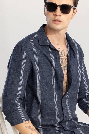 Buy Men's Self-Stripe Blue Shirt Online | SNITCH