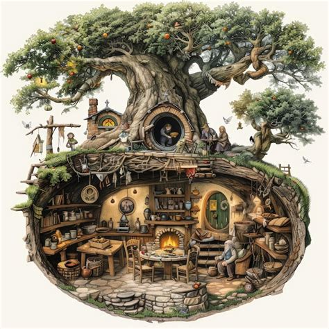 Hobbitlike tree burrow with cozy rooms characters and warm details ...