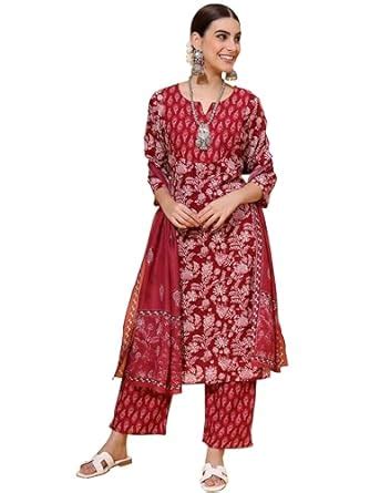 Vbuyz Women's Floral Printed Straight Rayon Maroon Stitched Kurta ...