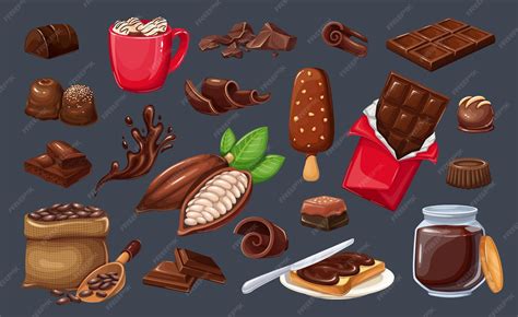 Chocolate icon set. candy, cocoa beans, popsicle, chips, chocolate bar ...