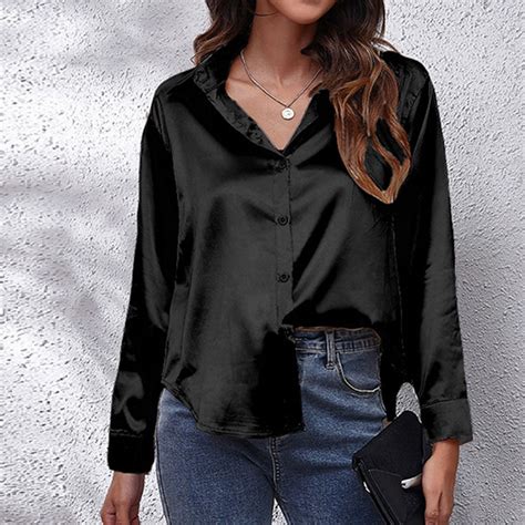 Black Shirts for Women Shirt Imitation Silk Long Sleeved Shirt Clothing ...