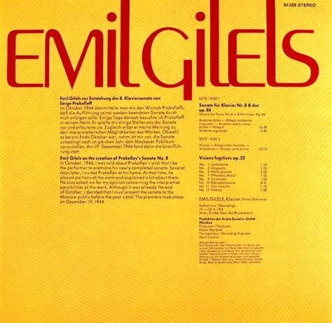 Emil Gilels. Prokofieff. Sonate No. 8 op. 84. Visions fugitives op. 22 ...