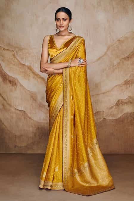 Buy Yellow Viscose, Velvet Embroidery V-neck Polka Dots Woven Saree ...