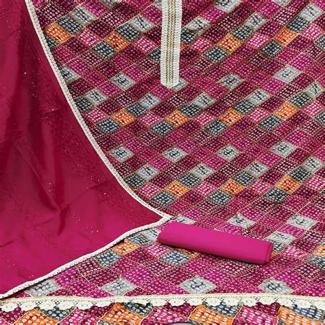 Pink Bandhani Printed With Sequins Work Pure Cotton Dress Material