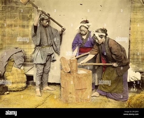 Women making mochi, rice cake made from glutinous rice, Japanese ...