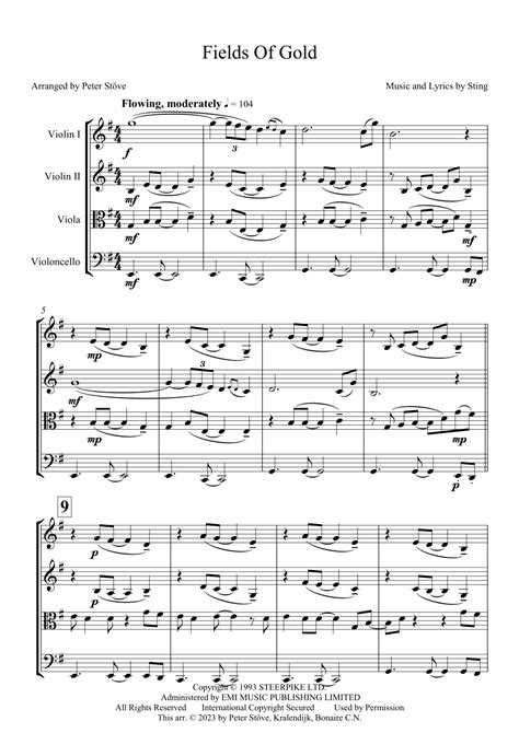 Fields Of Gold (arr. Peter Stöve) by Sting Sheet Music for String Quartet at Sheet Music Direct
