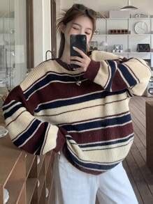 DAZY Women Autumn/Winter Striped Oversized Crew Neck Long Sleeve Casual ...