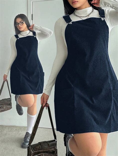 POPSWAY Plus Size Cargo Pocket A-Line Pinafore Dress | SHEIN USA