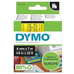 DYMO Authentic D1 Labels, 6mm x 7m Roll, Black Print on Yellow Tape ...