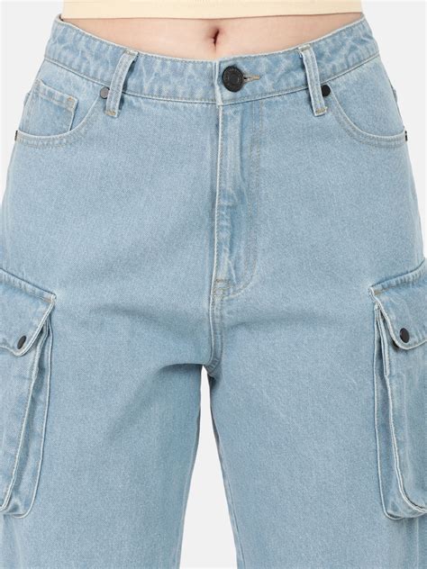 Women Light Blue Relaxed Fit Solid Cargo Jeans – MINTOBAY