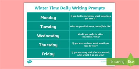 Winter Time Daily Writing Prompts Sheet - winter writing