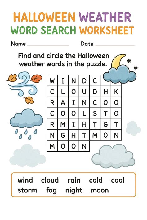 Halloween Weather Word Search Worksheet - Download & Print Now!