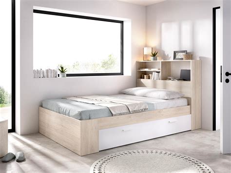 Lit 120 x 190 cm avec rangements en coloris naturel et blanc + sommier + matelas - VARDIEL