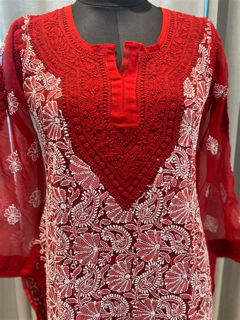 Veersons Chikankari Hand-Embroidered Red Georgette Lucknowi Chikankari ...
