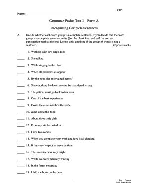 Grammar Packet Test 1 Form A - Blank Fillable Template | Fill Out ...