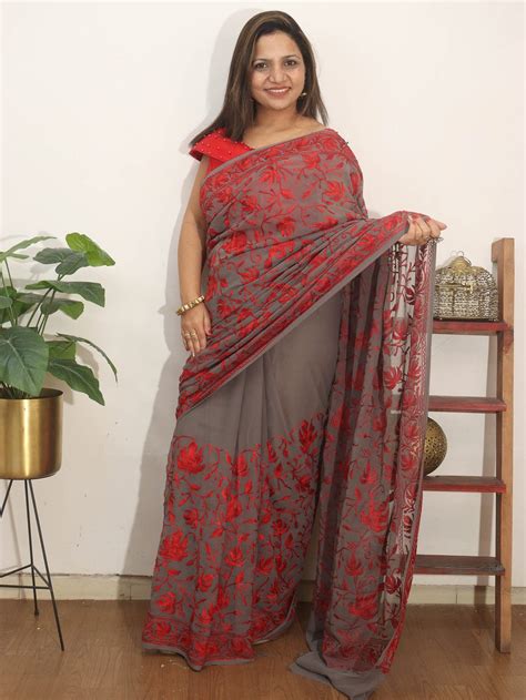 Grey Embroidered Kashmiri Aari Work Georgette Saree - Luxurionworld