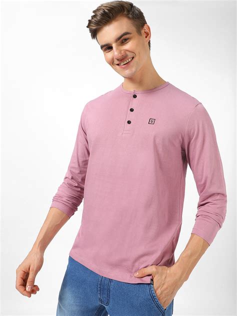 Men's Lilac Solid Henley Neck Slim Fit Full Sleeve Cotton T-Shirt ...