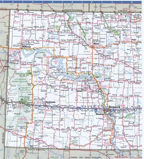 Map of North Dakota,Free highway road map ND with cities towns counties