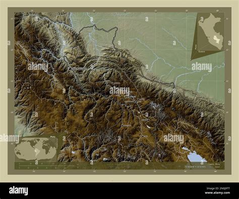 Cusco, region of Peru. Elevation map colored in wiki style with lakes and rivers. Locations and ...