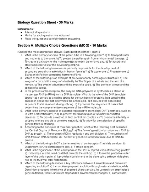 Biology Question Sheet - 30 Marks (MCQ, Fill in Blanks, Short & Long ...