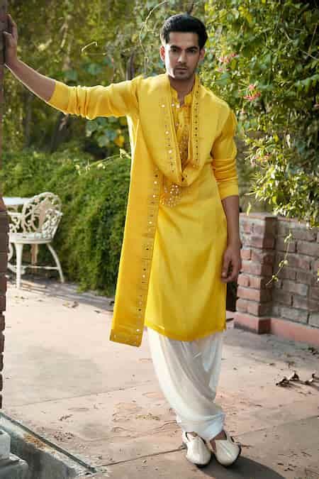 Buy Yellow Linen, Cotton, Silk Mirrors, Shehzad Placket Kurta Set With ...