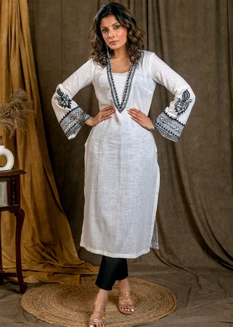 Elegant White Cotton Straight Cut Kurta with Bell Sleeves and Contrast ...
