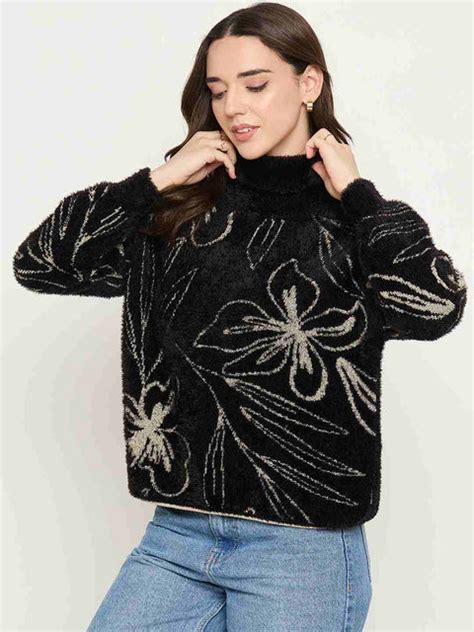 Madame Floral Print High Neck Black Sweater