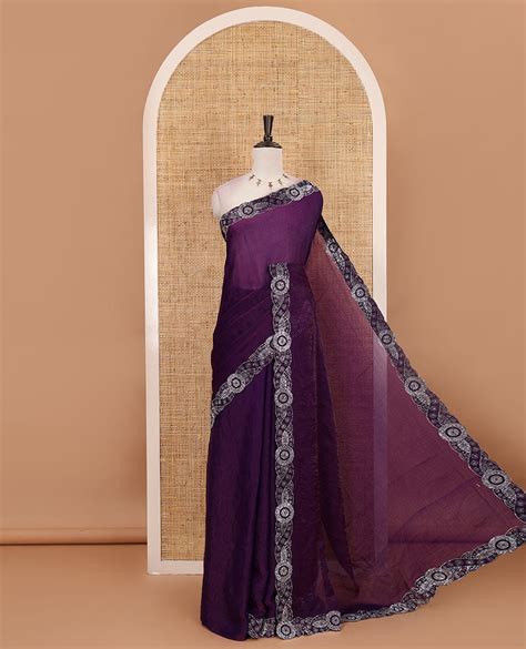Violet full-plain fendy chiffon saree, scallop swarovski stone work ge