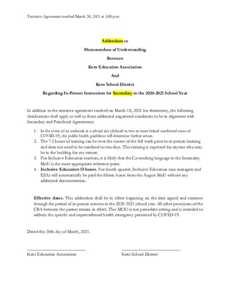 Fillable Online KEA MOU Addendum Regarding In-Person Instruction for ...