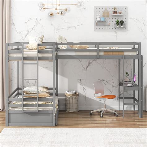 Buy 3 Beds in 1 Design L-Shaped Triple Bunk Bed with Built-in Desk and ...