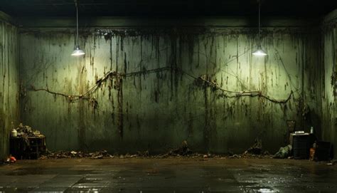 Spooky old building abandoned and damaged illuminated with eerie light ...