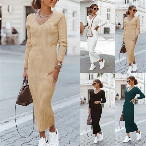 Luxury-Long-Dresses-For-Women-Fashion-Long-Sleeve-Dress-V-Neck-Plain ...