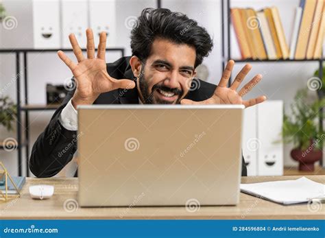 Office Businessman Hiding Behind Laptop Computer Making Funny Silly ...