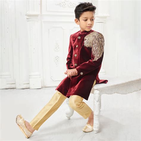 Majestic Maroon Boys Sherwani with Golden Pyjama – Suvidha Fashion