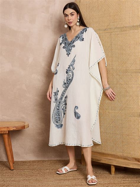 Ivory Kashmiri Embroidered Long Kaftan Dress For Women – Shopnamastay