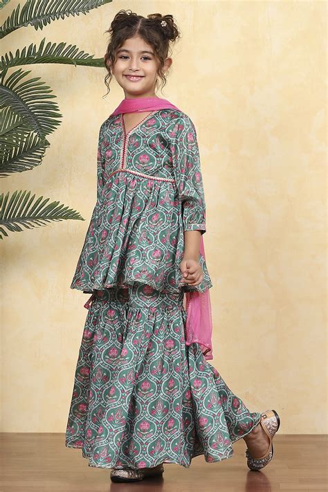 Buy Green Polyester Printed Flared Sharara Suit Set Online at Biba Global